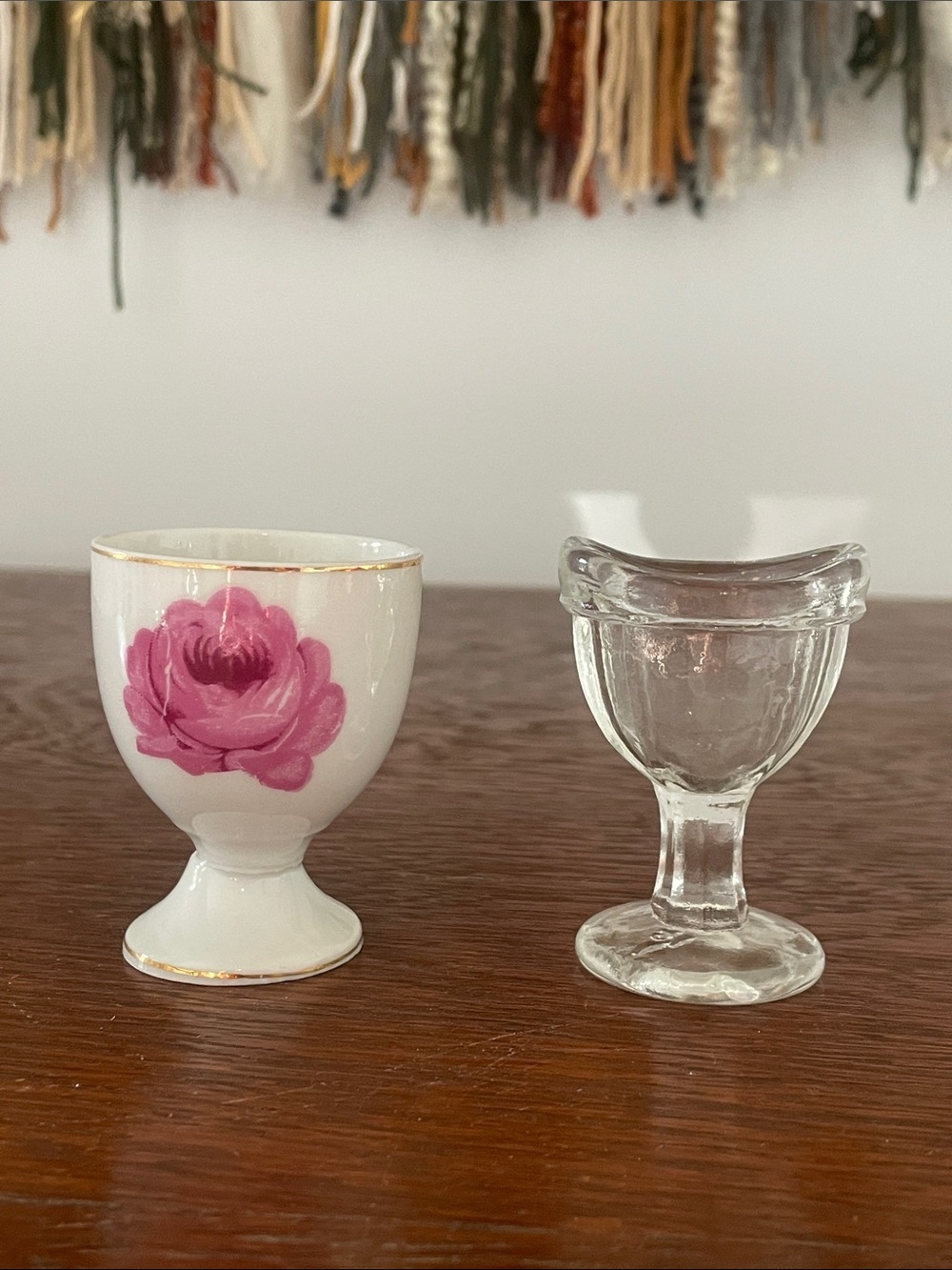 Pair of Vintage minis  - Pink Floral Porcelain egg cup  & Clear Glass eyewash